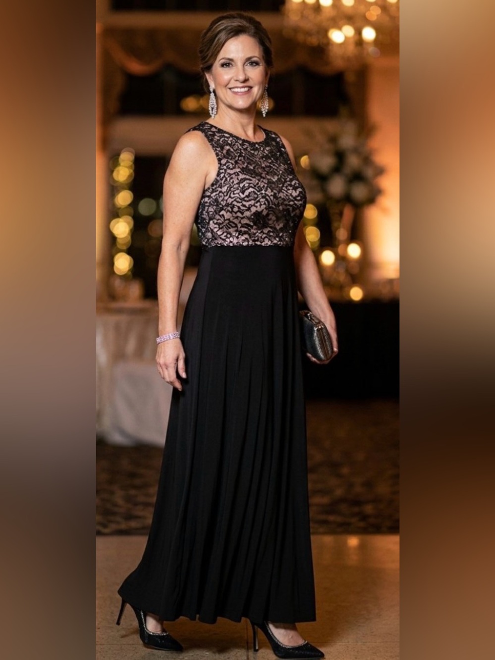 Long evening dress with lace and sequins on the bodice.